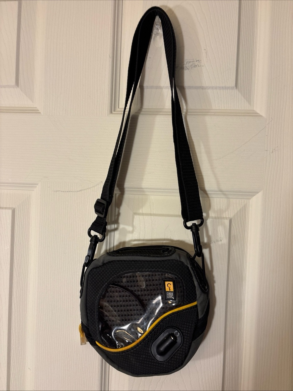 Black Messenger Bag with Yellow Accent and Clear Front Panel